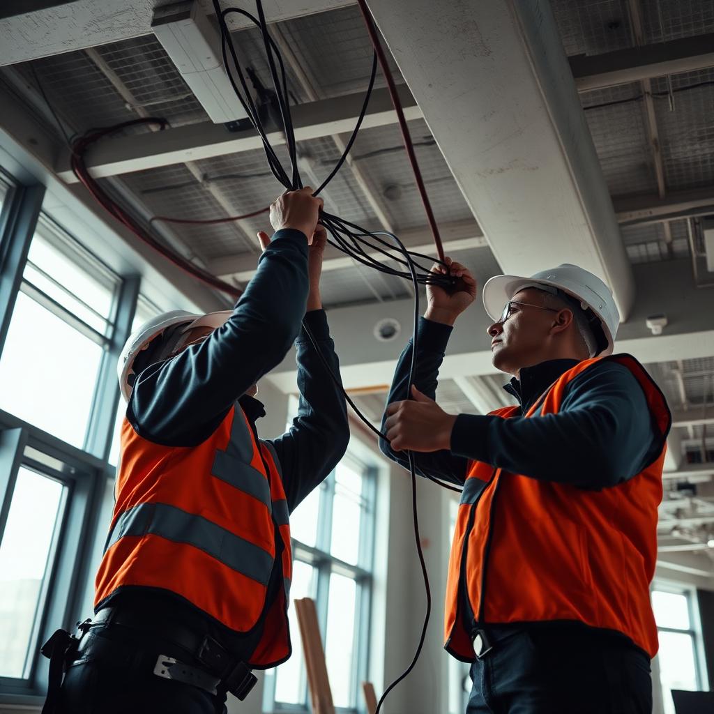 Commercial electricians pulling wire in a new office build
