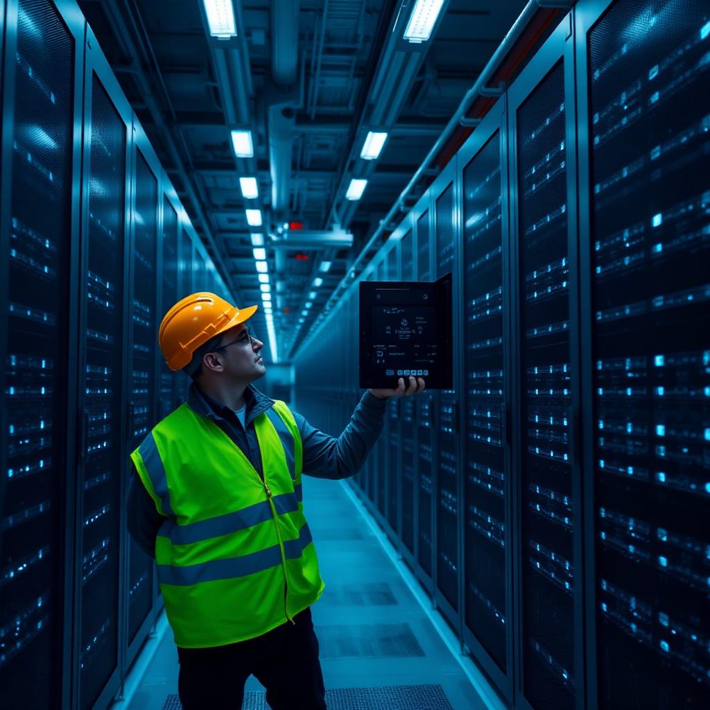 Electrician inspecting power in a hyperscale data center