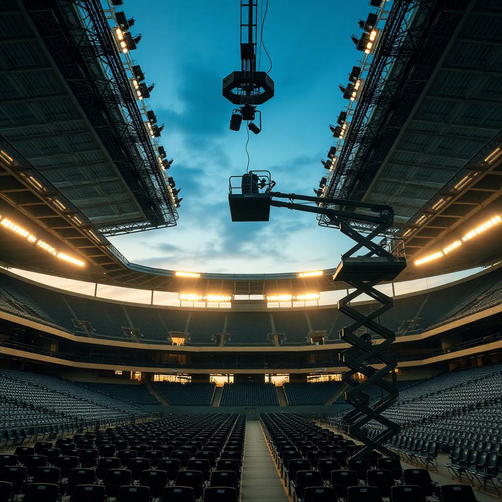 Stadium lighting rig being worked on from a lift