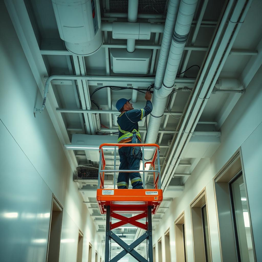 Electrician on a scissor lift wiring a hospital ceiling