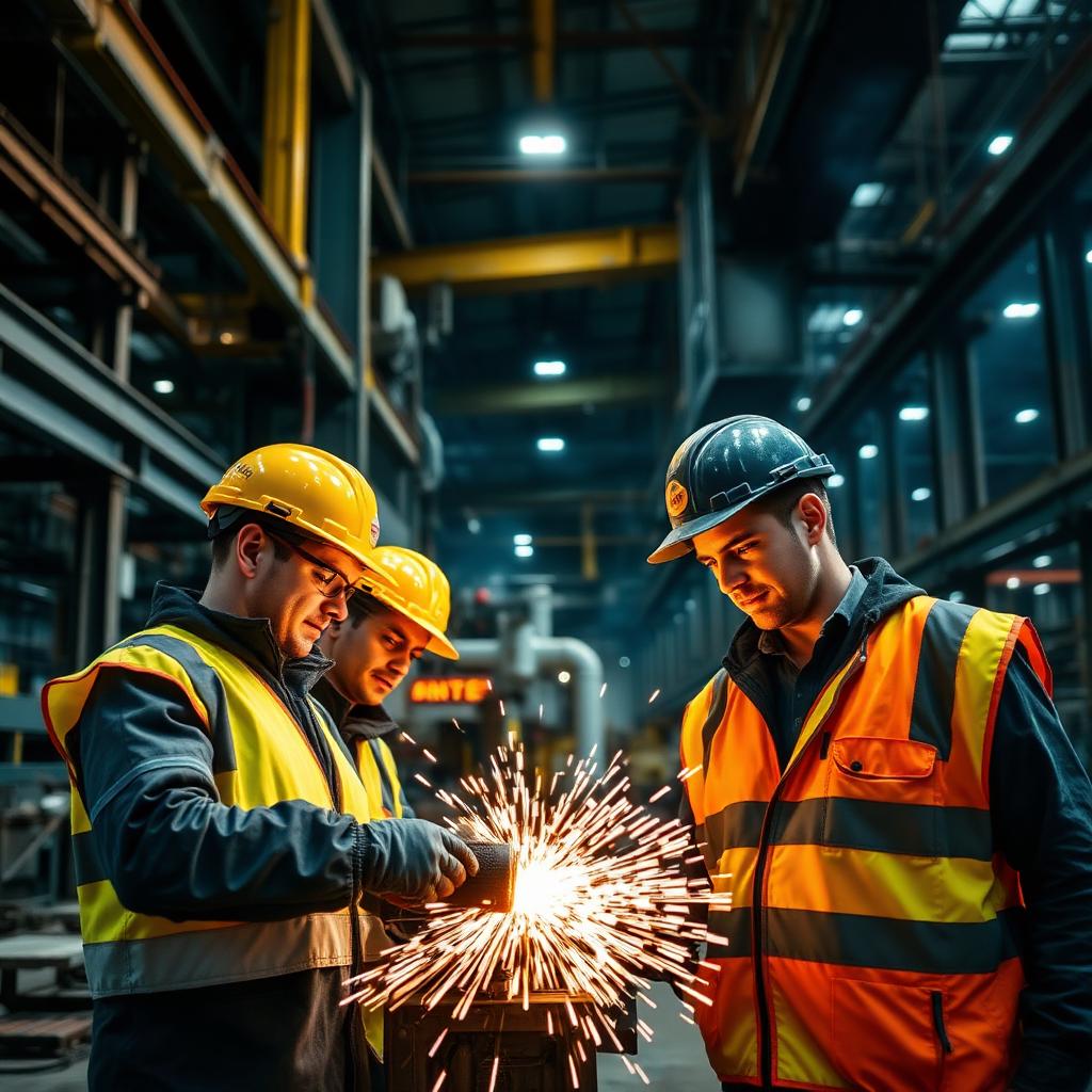Industrial electricians working inside a manufacturing plant