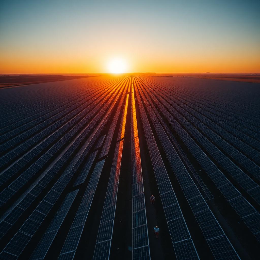 Aerial view of a large solar farm at sunset