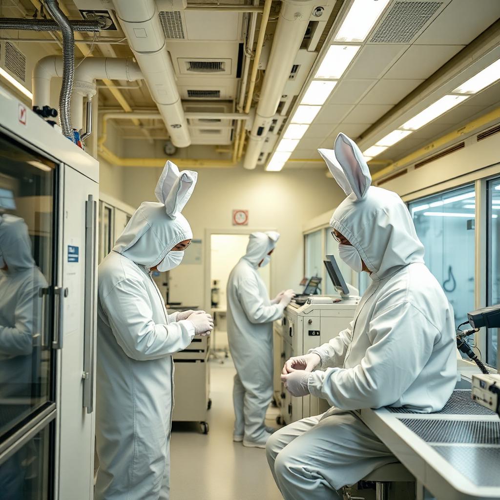 Technicians in bunny suits inside a semiconductor cleanroom
