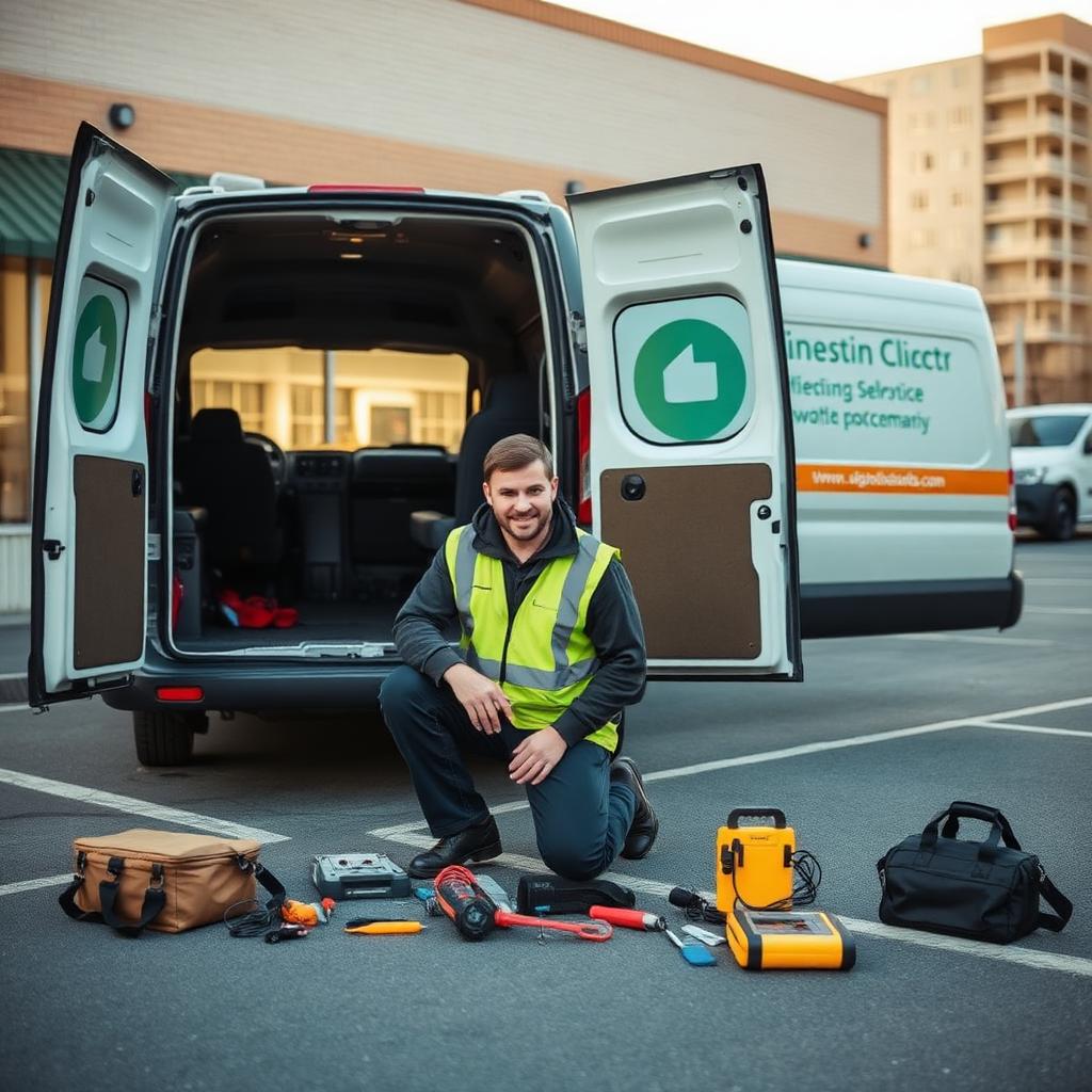Service electrician at the back of a work van