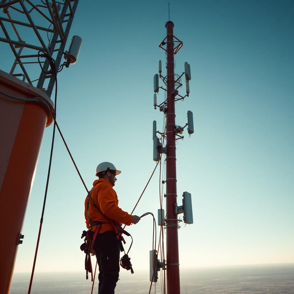 Telecom technician working high on a cell tower