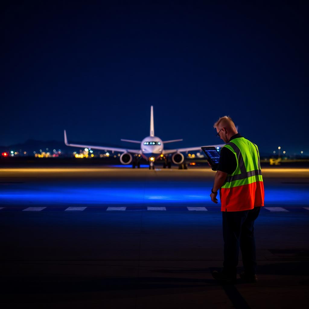 Electrician working on runway lighting at night
