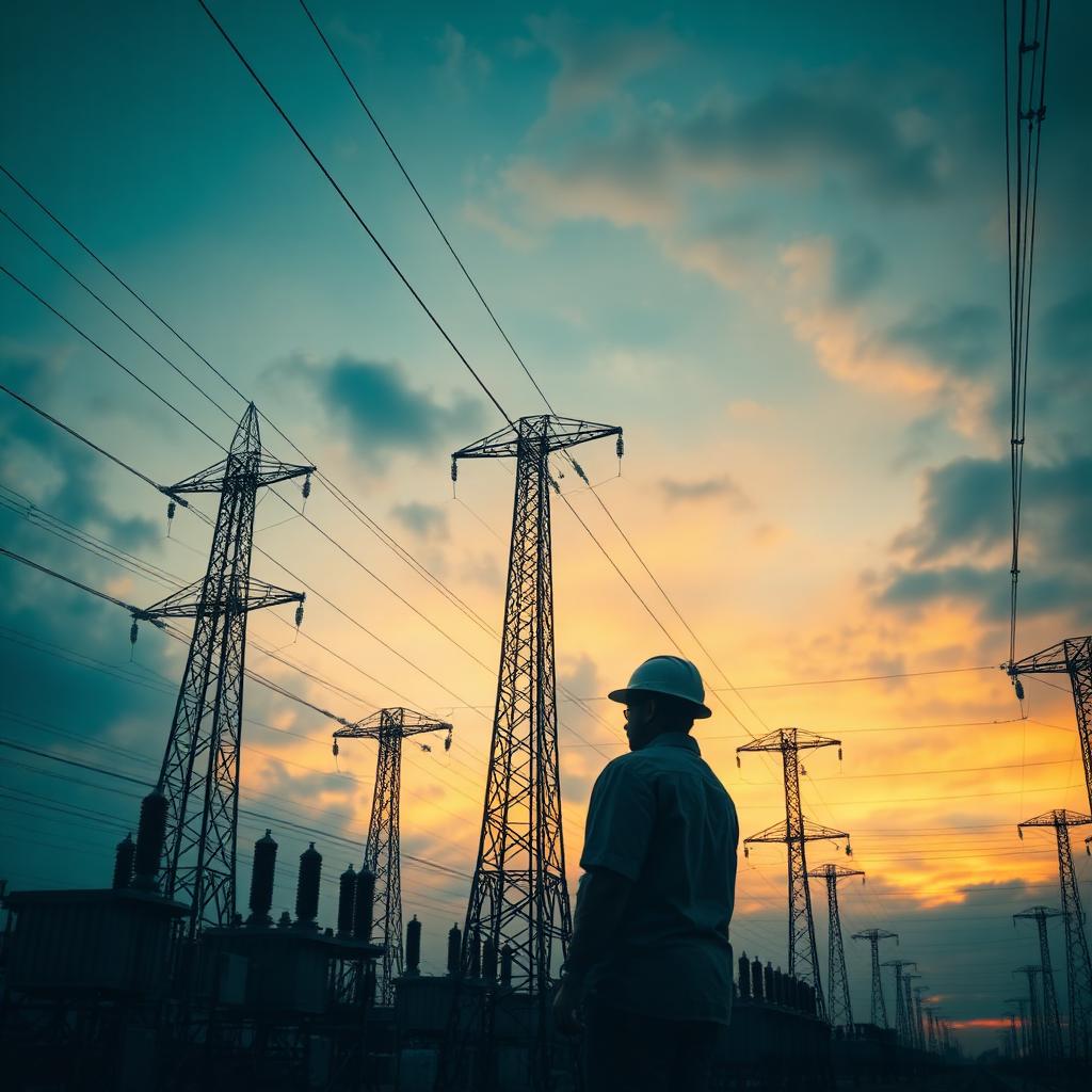 Electrical substation with transmission towers at dusk